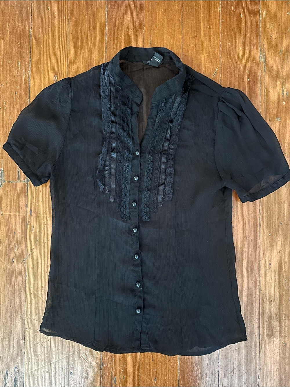Vintage 2000’s Black Sheer Front Ruffle Lace Trim Short Sleeve Delicate Blouse